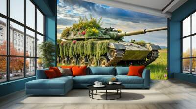 Modern tank disguised with grass and flowers in field , tank, camouflage, hidden, nature, warfare, military, vehicle Wall mural