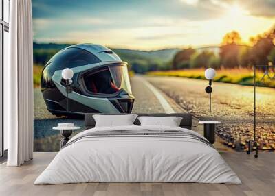 Motorcycle helmet laying on the asphalt road , safety, protection, gear, road, motorbike, helmet, accident Wall mural