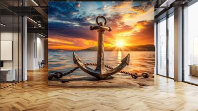 Old anchor with cross symbolizes faith and hope in times of difficulty, vintage, maritime, nautical, religion, Christianity Wall mural