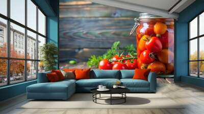 Pickled tomatoes in a jar, preserved, vegetables, food, condiment, pickling, glass jar, homemade, organic, savory, fermented Wall mural