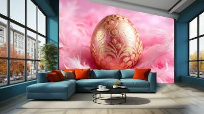 Pink Easter egg with intricate gold designs on a bed of soft pink feathers, Easter, egg, pink, holiday, decoration, festive Wall mural