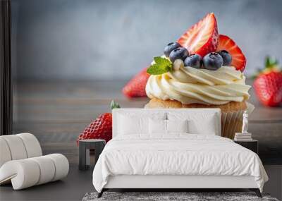 Realistic and beautiful cupcake topped with strawberries and blueberries, cupcake, realistic, beautiful, strawberry, blueberry Wall mural