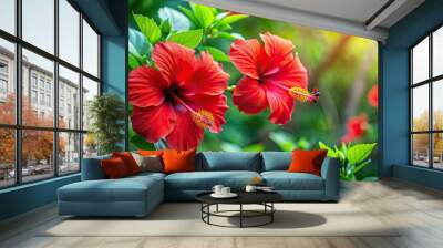 Red hibiscus flowers in full bloom among lush green foliage, nature, garden, vibrant, red, blossom, petals, tropical, botany Wall mural