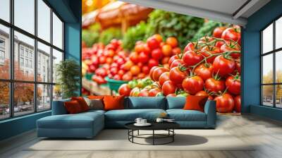 Ripe organic tomatoes on the vine in a farmer's market stand, ripe, organic, tomatoes, vegetable, vine, farmer's market, fresh Wall mural