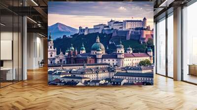 Scenic view of Salzburg's Old Town, M?nchsberg hill, and Hohensalzburg Fortress with panoramic skyline , Salzburg Wall mural