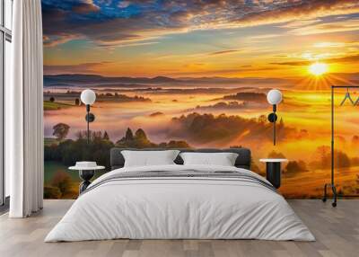 Spectacular sunrise over misty panoramic landscape with warm natural morning light , sunrise, mist, panoramic Wall mural