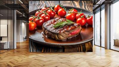 Steak with red sauce and tomatoes on a plate, steak, red sauce, tomatoes, food, delicious, gourmet, dinner, grilled, beef Wall mural