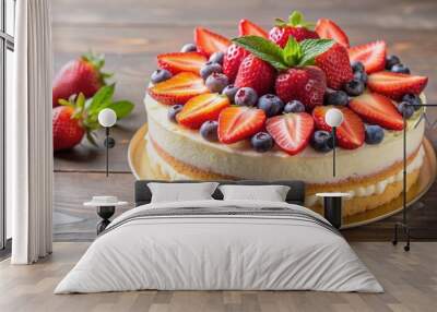 Strawberry cream cake topped with fresh fruit, strawberry, cream, cake, dessert, sweet, tasty, delicious, bakery Wall mural