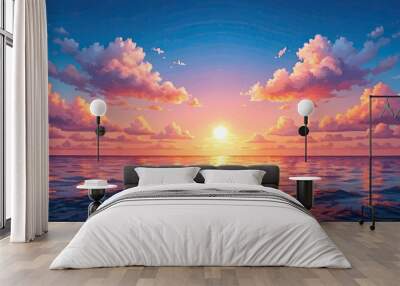 Sunset or sunrise in ocean, nature landscape background, pink clouds. Evening or morning view pixel art , sunset Wall mural