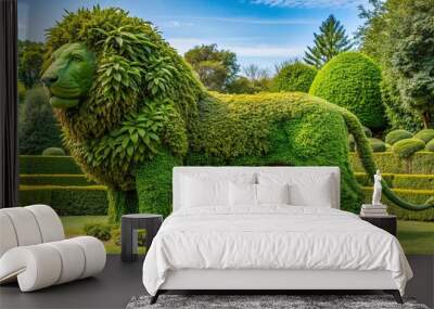 Topiary lion sculpture created from bushes at a green animal topiary garden, lion, sculpture, bushes, green, animals, topiary Wall mural