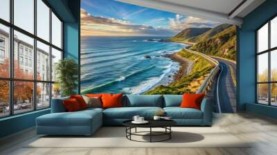 Tranquil seascape view with a scenic drive along the coast , Seascape, Serenity, Drive, Coastal, Landscape, Water, Ocean Wall mural