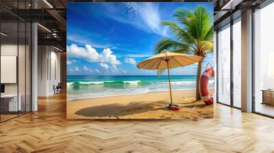 Tropical beach scene with surfboard, umbrella, and lifebuoy on sandy shore , vacation, summer, travel, tropical, beach, surfboard Wall mural