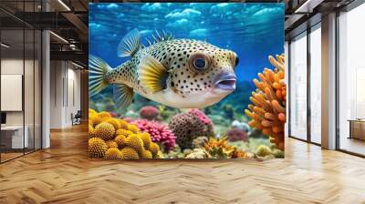 Tropical puffer fish swimming in vibrant coral reef , underwater, marine life, colorful, exotic, saltwater Wall mural