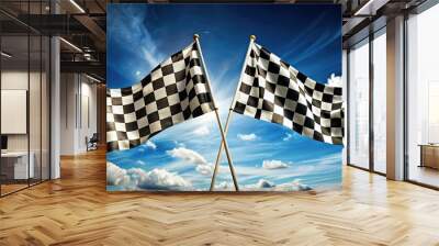 Two checkered flags flying in the air, one on the left and one on the right, checkered, flags, flying, air, race, competition Wall mural