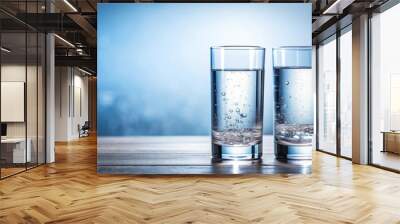 Two clear drinking glasses filled with refreshing water, refreshing, hydration, clear, beverage,pure, liquid, glassware, drink, health Wall mural