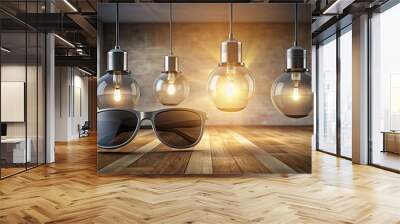 Two lit light bulbs with sunglasses in modern indoor setting, bright ideas, innovation, creativity, concept Wall mural