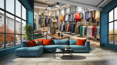 Variety of trendy clothes displayed on racks in a boutique, fashion, clothing, retail, store, display, apparel, shopping Wall mural