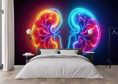 Vibrant neon kidneys shining brightly against a dark void backdrop, neon, kidneys, disease, contrast, vibrant, bright Wall mural