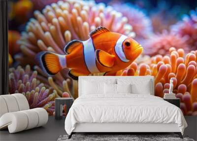 Vibrant orange and white clownfish swimming among colorful coral in the ocean, clownfish, underwater, marine life Wall mural