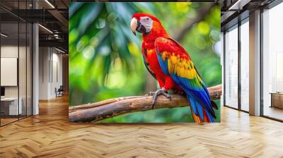 Vibrant red and yellow macaw perched on a tree branch , colorful, exotic, tropical bird, wildlife, feathers, bright Wall mural