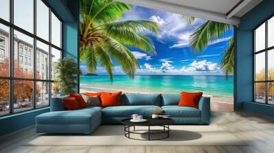 Vibrant tropical beach background with palm trees and ocean view, summer, tropical, beach, palm trees, ocean, vibrant Wall mural