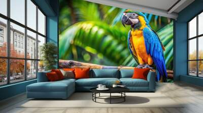 Vibrantly colored blue and yellow macaw perched on a branch in the jungle , wildlife, bird, tropical, colorful, feathers, vibrant Wall mural