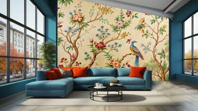 Vintage chinoiserie wallpaper featuring intricate bird and tree motifs, vintage, chinoiserie, wallpaper, birds, trees Wall mural