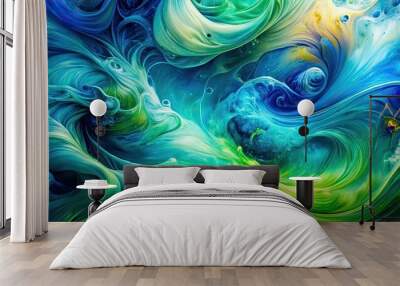 Vivid abstract artwork with swirling blue and green colors, fluid lines Wall mural