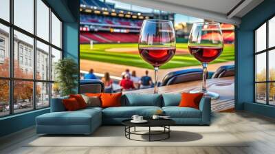 Wide angle shot of two red wine glasses on a table at a baseball stadium , wine, glasses, red, baseball stadium Wall mural