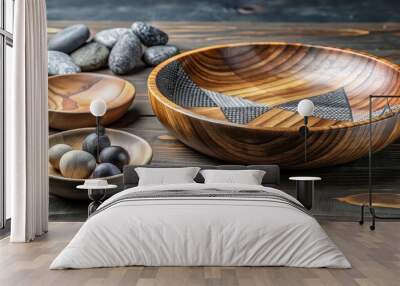 Wooden bowl with black and grey pattern and plate with rocks on table, wood, bowl, black, grey, pattern, plate, rocks, table Wall mural