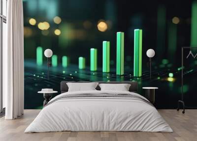 A 3D render of a business graph with green bars rising sharply, symbolizing economic growth and progress Wall mural