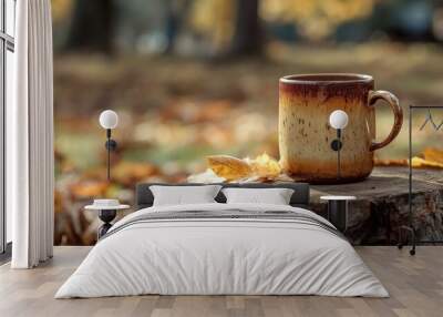 A rustic coffee cup resting on a wooden stump outdoors, with fall leaves scattered around. Wall mural