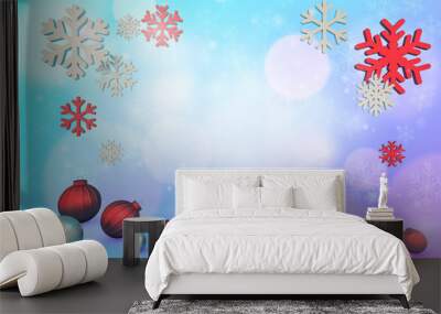 Ball and snowflake on lighting blue background., christmas and happy new year concept., 3D rendering. Wall mural