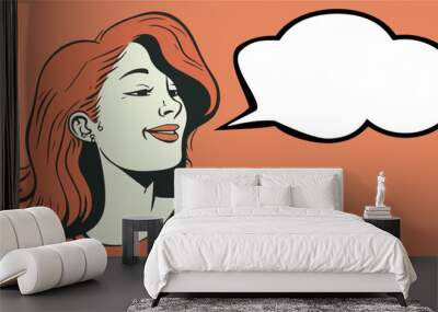 A woman with surprising and smiling and speech bubble pop art cartoon anime retro style Wall mural