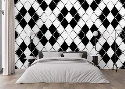 Repeating black and white diamond pattern with interlocking squares, creating a modern and stylish design. Wall mural