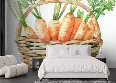 A watercolor painting of a wicker basket filled with orange carrots. The carrots have green tops and the basket has a brown handle. The background is white. Wall mural