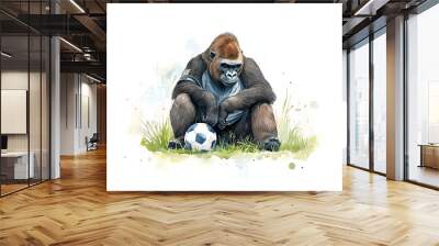 A whimsical watercolor illustration of  Gorilla as a soccer coach on the sidelines Wall mural