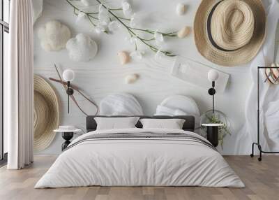 Bright and airy flat lay of summer essentials, capturing the essence of simplicity in vacation style Wall mural