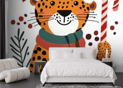 Cheerful leopard in a Santa hat holding a candy cane Wall mural