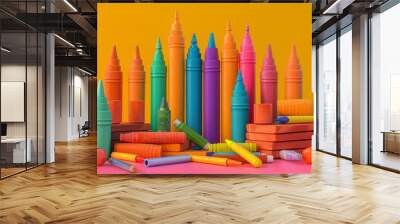 Crayons and markers,3D render clay style, colorful, isolated on pure solid background Wall mural