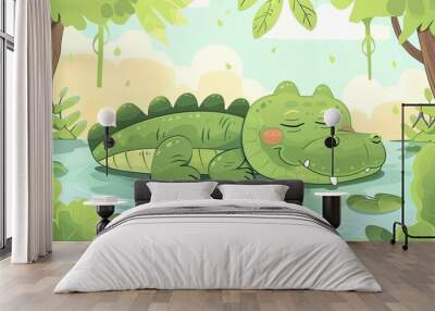 Create a vector illustration of a Crocodile resting by a pondin a kawaii style, simplified to feature fewer elements for a cleaner look, Use a color palette that is appealing to children, with bright Wall mural