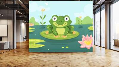 Create a vector illustration of a Frog on a lily pad in a pondin a kawaii style, simplified to feature fewer elements for a cleaner look, Use a color palette that is appealing to children, with bright Wall mural