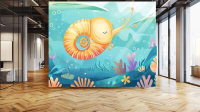 Create a vector illustration of a Nautilus swimming in the abyssin a kawaii style, simplified to feature fewer elements for a cleaner look, Use a color palette that is appealing to children, with brig Wall mural