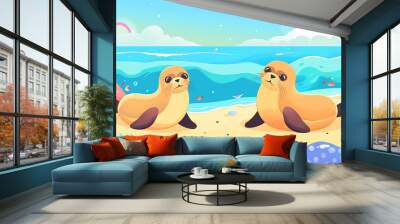 Create a vector illustration of a Sea lions basking on a beachin a kawaii style, simplified to feature fewer elements for a cleaner look, Use a color palette that is appealing to children, with bright Wall mural