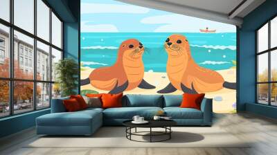 Create a vector illustration of a Sea lions basking on a beachin a kawaii style, simplified to feature fewer elements for a cleaner look, Use a color palette that is appealing to children, with bright Wall mural