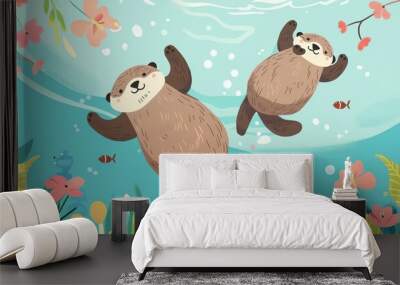 Create a vector illustration of a Sea otters floating on their backsin a kawaii style, simplified to feature fewer elements for a cleaner look, Use a color palette that is appealing to children, with Wall mural