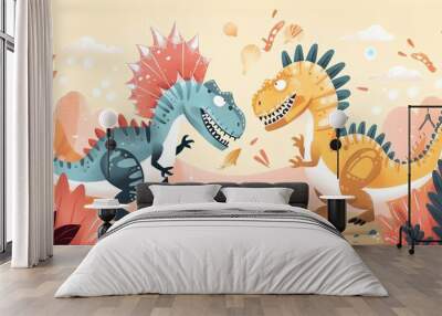 Create a vector illustration of a Spinosaurus by a riverbankin a kawaii style, simplified to feature fewer elements for a cleaner look, Use a color palette that is appealing to children, with bright a Wall mural