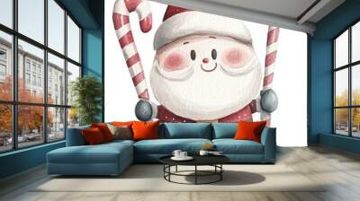 Cute Santa Claus holding candy canes in a festive design Wall mural