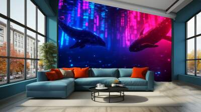 Futuristic glowing whales swimming in vibrant neon waters Wall mural