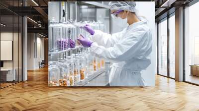 Lab technician analyzing food additives in a sterile environment, food safety, scientific food innovation Wall mural